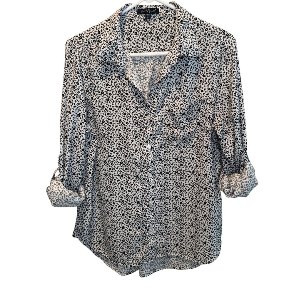 Velvet Heart Womens Black White Floral Button Down Roll Tab Shirt XL Casual Chic